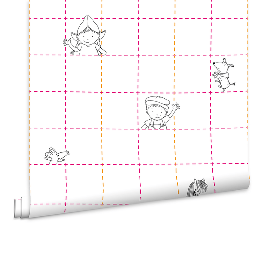Fien & Teun - Behang Ruit stippelpret roze - Van Hoorne Shop