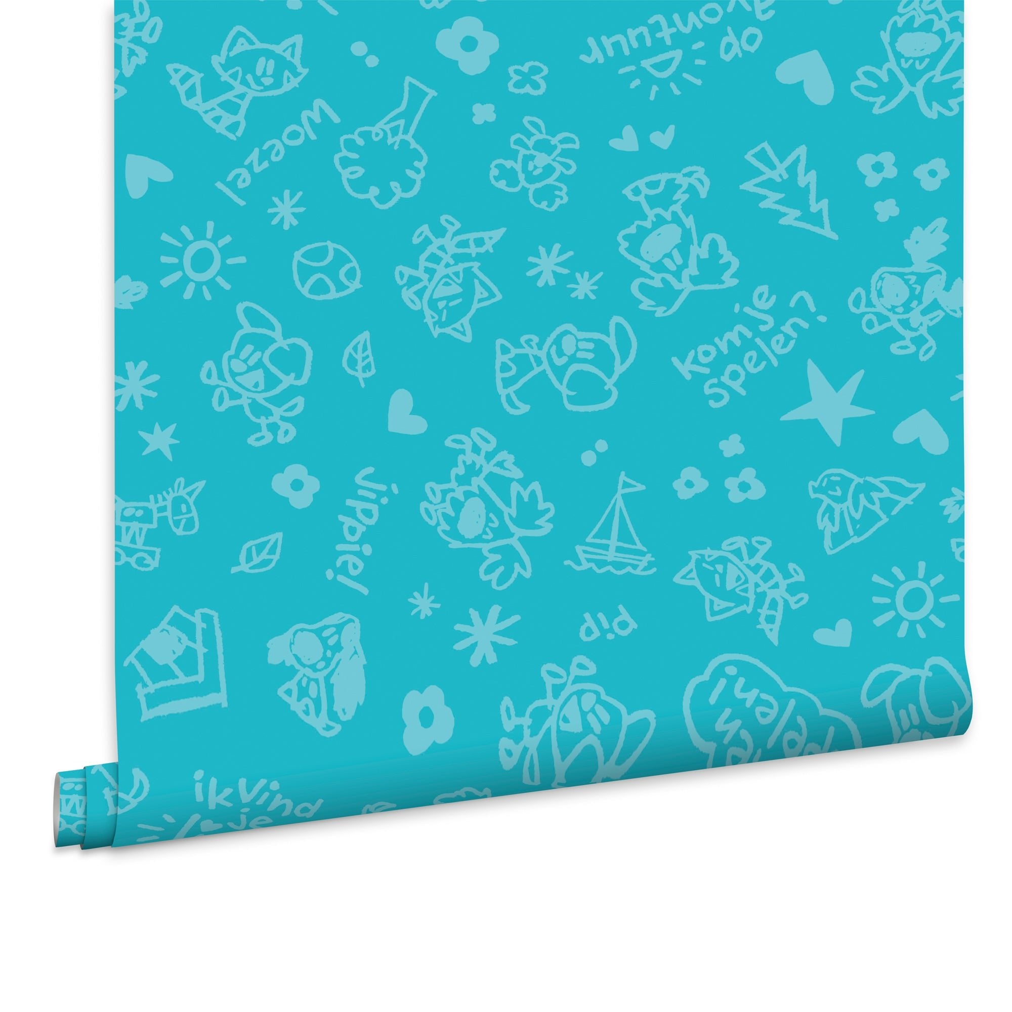 Woezel & Pip - Behang Wonderprent blauw - Van Hoorne Shop