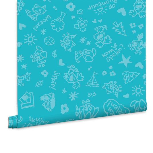 Woezel & Pip - Behang Wonderprent blauw - Van Hoorne Shop