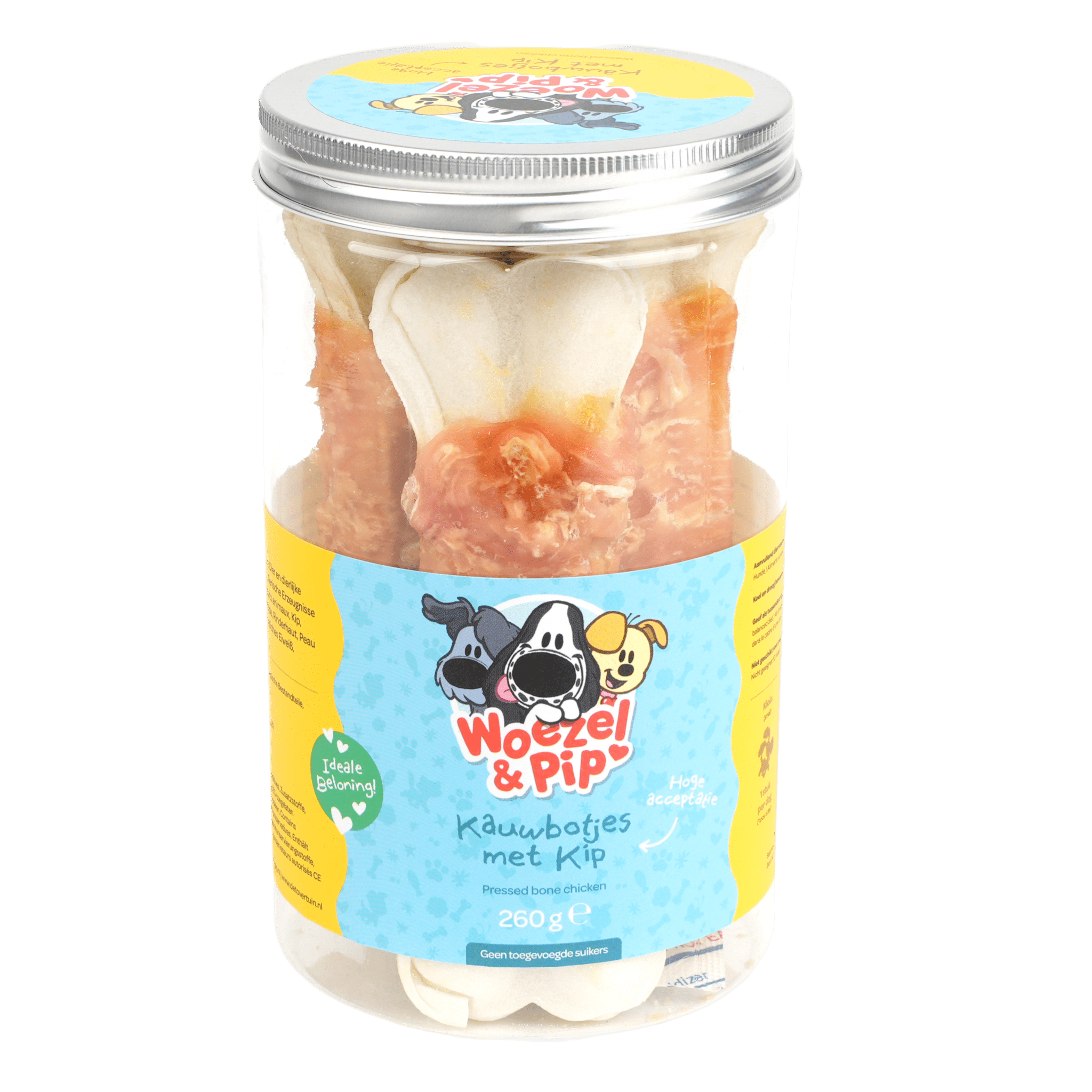 Woezel & Pip - Hond - Kauwbotjes met kip 13CM in pot 260 gram - Van Hoorne Shop
