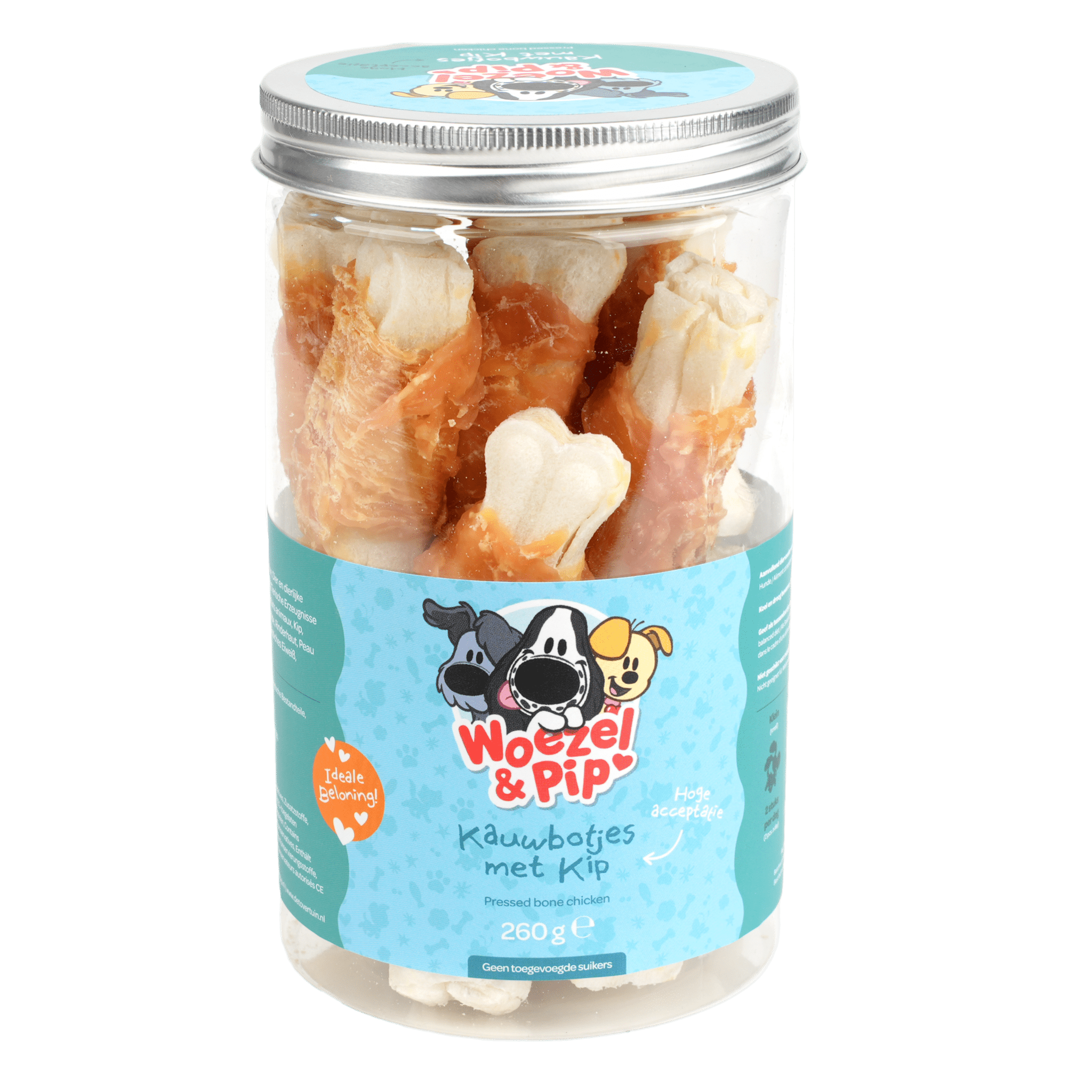 Woezel & Pip - Hond - Kauwbotjes met kip 6CM in pot 230 gram - Van Hoorne Shop
