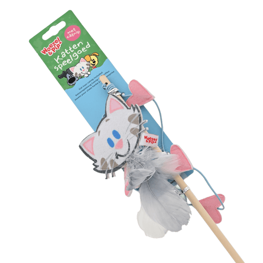 Woezel & Pip - Kattenspeelgoed - Hengel hout Buurpoes met hartjes en bel 60cm - Van Hoorne Shop
