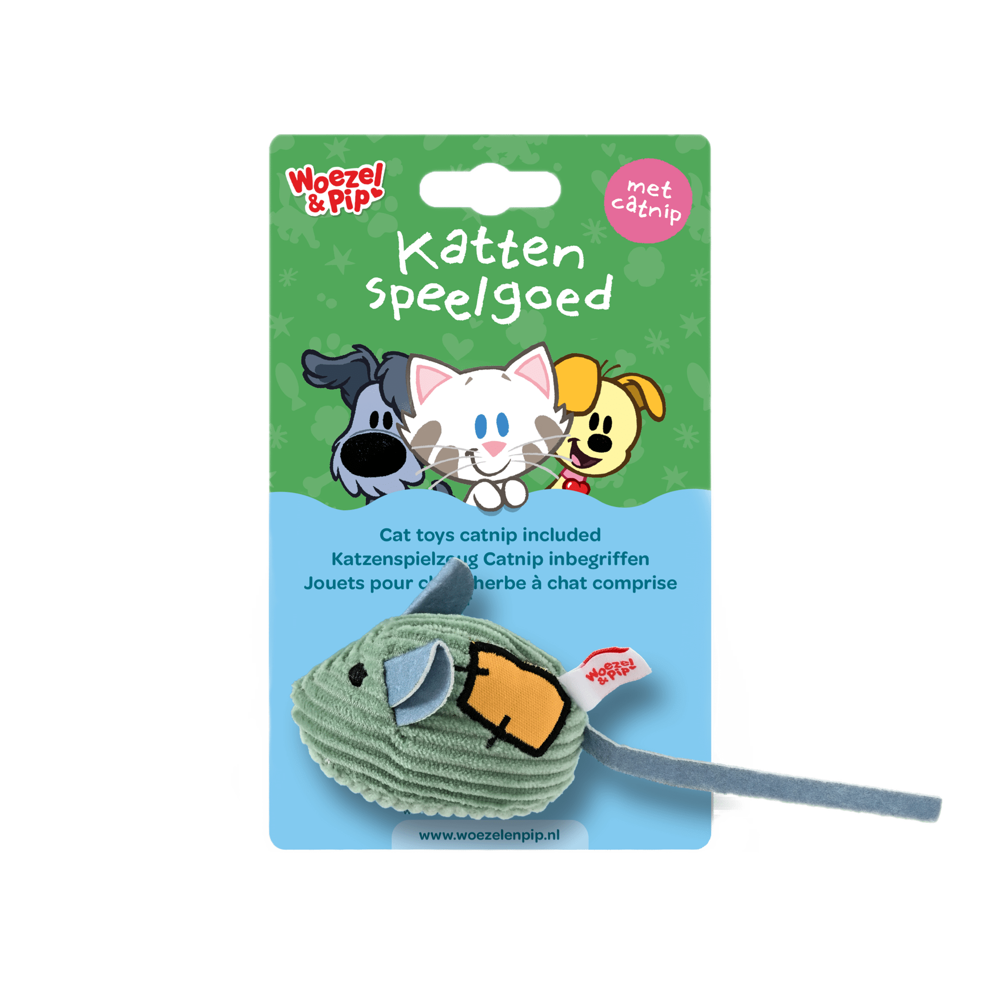 Woezel & Pip - Kattenspeelgoed - Muis met bel en kattenkruid - Corduroy groen 8 cm - Van Hoorne Shop