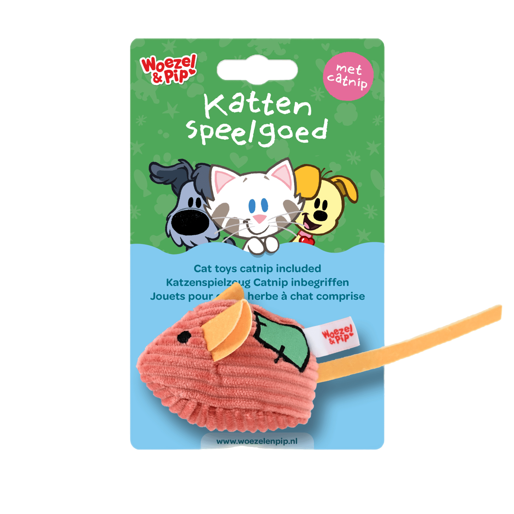 Woezel & Pip - Kattenspeelgoed - Muis met bel en kattenkruid - Corduroy rood 8 cm - Van Hoorne Shop