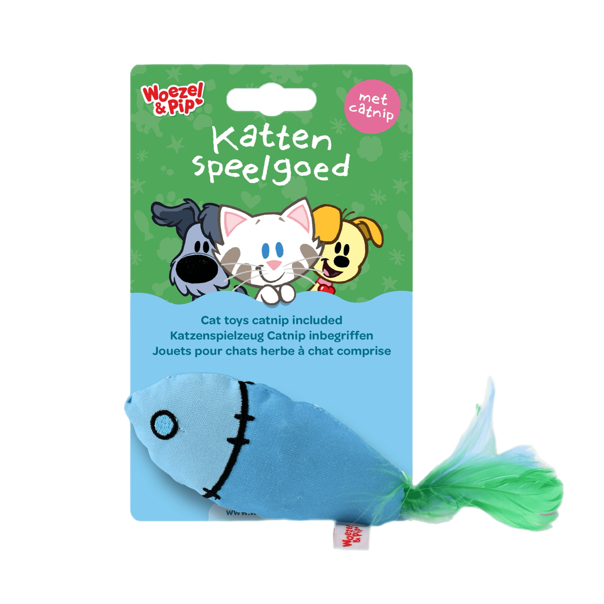 Woezel & Pip - Kattenspeelgoed - Ritselvis met veren en catnip - blauw 25CM - Van Hoorne Shop