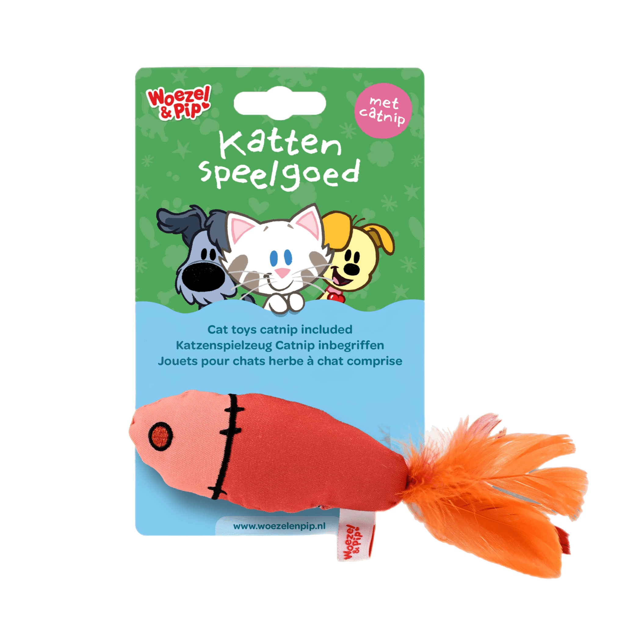 Woezel & Pip - Kattenspeelgoed - Ritselvis met veren en catnip - rood 25CM - Van Hoorne Shop
