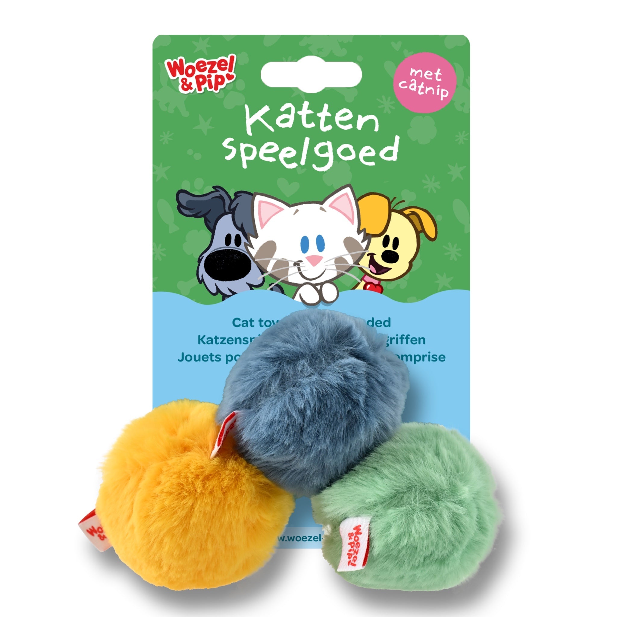 Woezel & Pip - Kattenspeelgoed - Speelballen pluche met catnip en bel 3 stuks a 5CM - Van Hoorne Shop